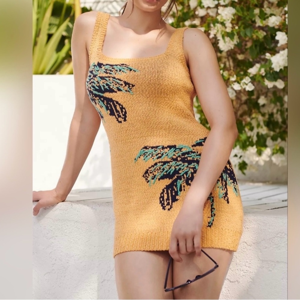 Anthropologie Mustard Knit Mini Dress with Palm Design